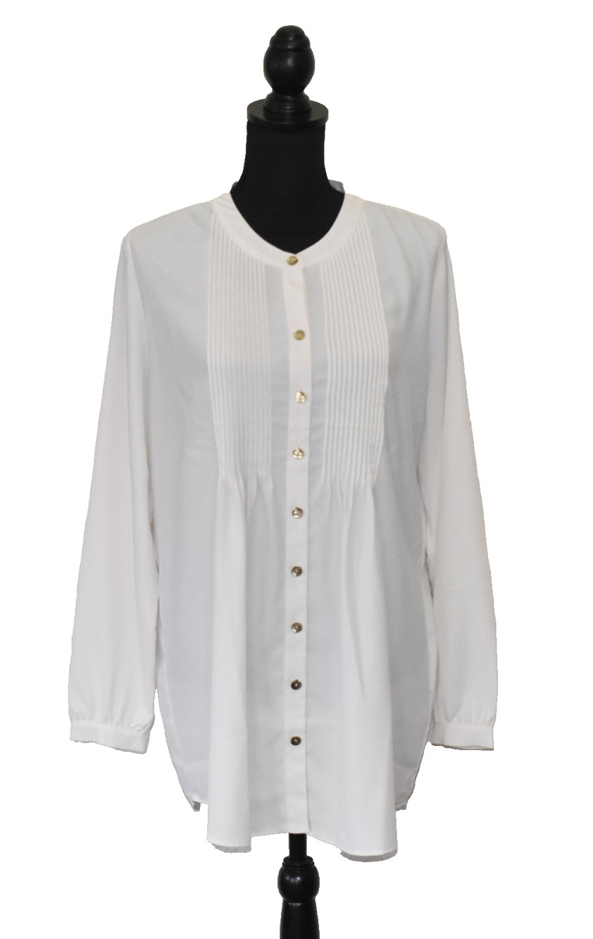 A4 NWOT SOFT SURROUNDINGS Cream Vertical Pleats Gold Tone Buttons Tunic Size L